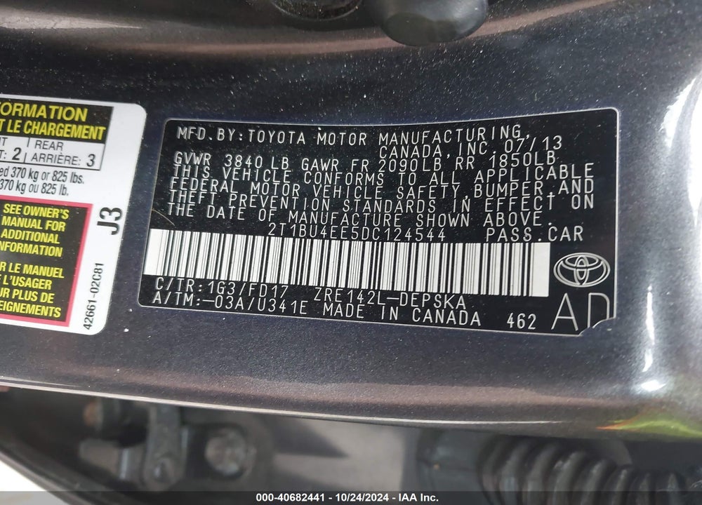 2013 TOYOTA COROLLA S VIN: 2T1BU4EE5DC124544
