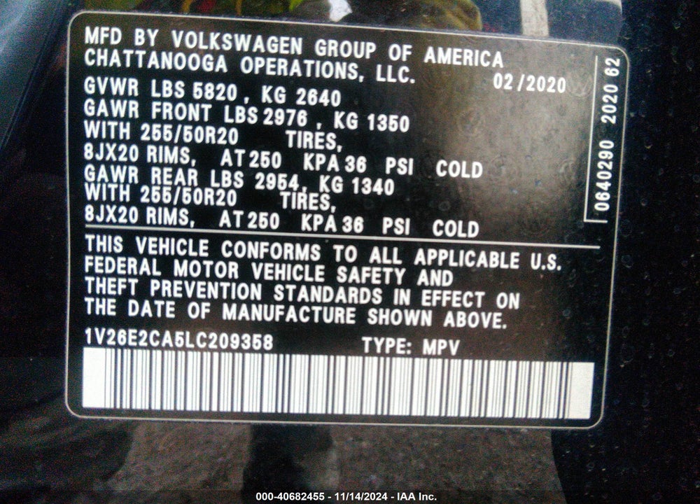2020 VOLKSWAGEN ATLAS CROSS SPORT 3.6L V6 SE W/TECHNOLOGY/3.6L V6 SE W/TECHNOLOGY R-LINE VIN: 1V26E2CA5LC209358