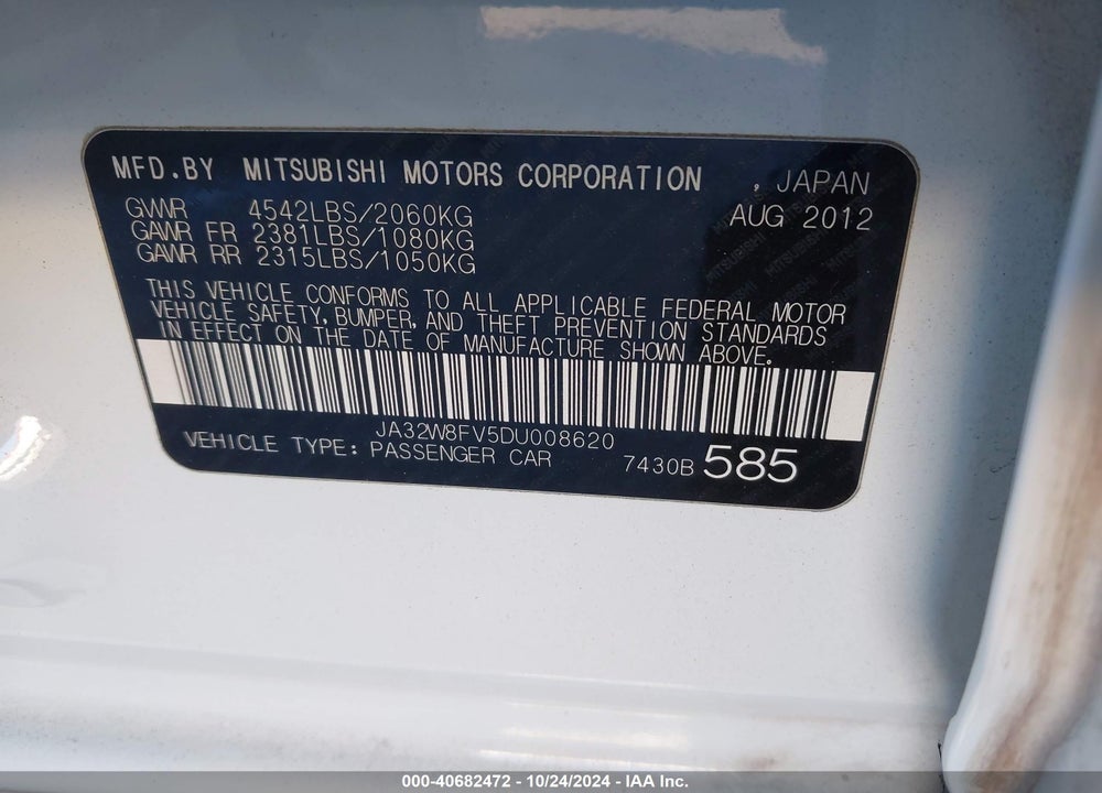 2013 MITSUBISHI LANCER EVOLUTION GSR VIN: JA32W8FV5DU008620