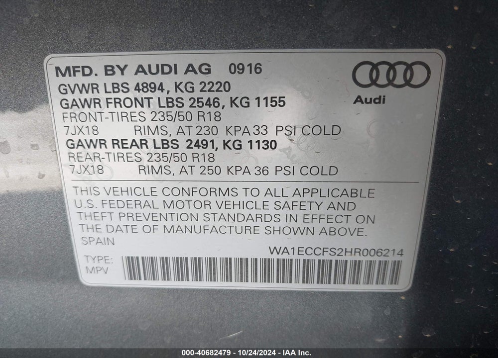 2017 AUDI Q3 2.0T PREMIUM VIN: WA1ECCFS2HR006214