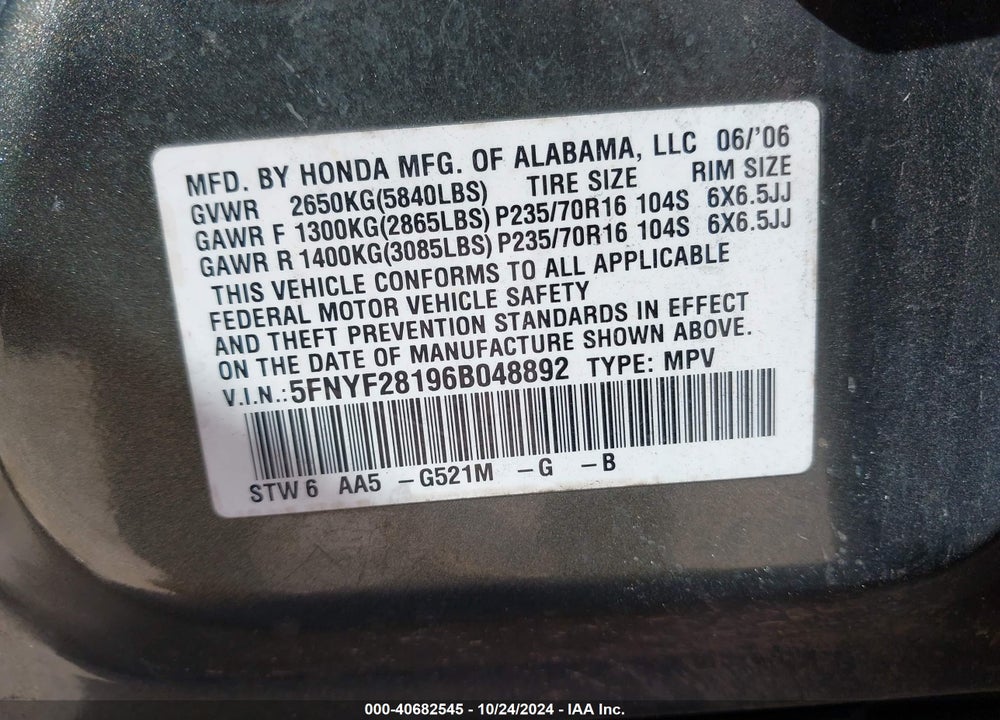 2006 HONDA PILOT LX VIN: 5FNYF28196B048892