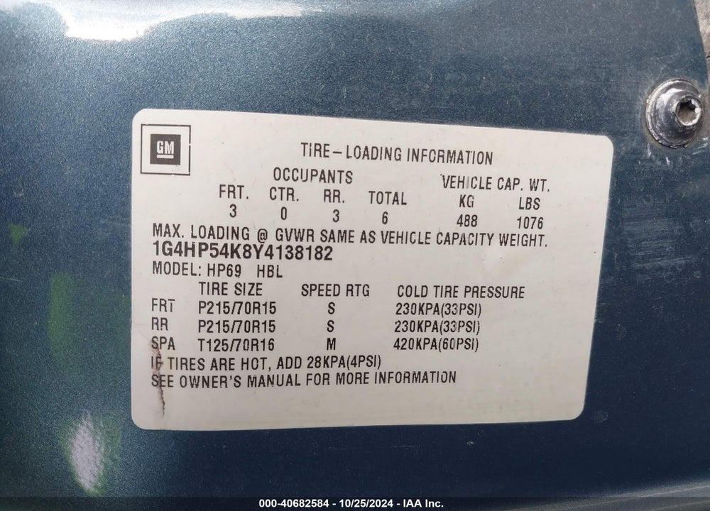 2000 BUICK LESABRE CUSTOM VIN: 1G4HP54K8Y4138182
