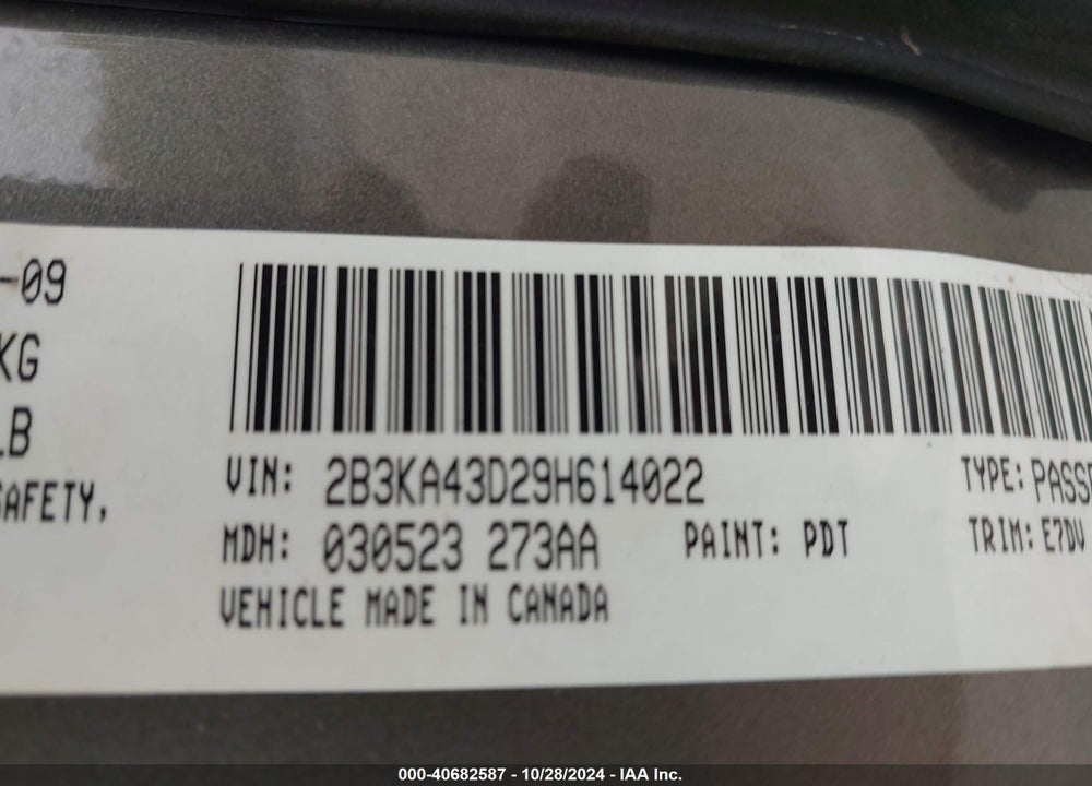 2009 DODGE CHARGER SE VIN: 2B3KA43D29H614022