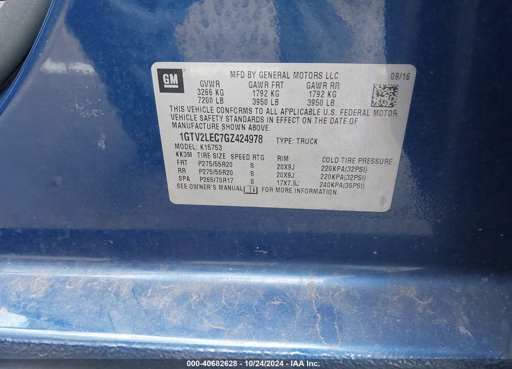 2016 GMC SIERRA 1500 VIN: 1GTV2LEC7GZ424978