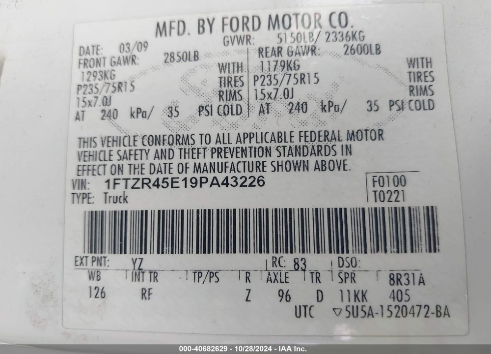 2009 FORD RANGER FX4 OFF-ROAD/SPORT/XLT VIN: 1FTZR45E19PA43226