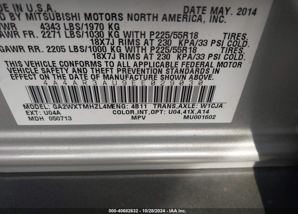 2014 MITSUBISHI OUTLANDER SPORT ES VIN: 4A4AR3AU9EE029030