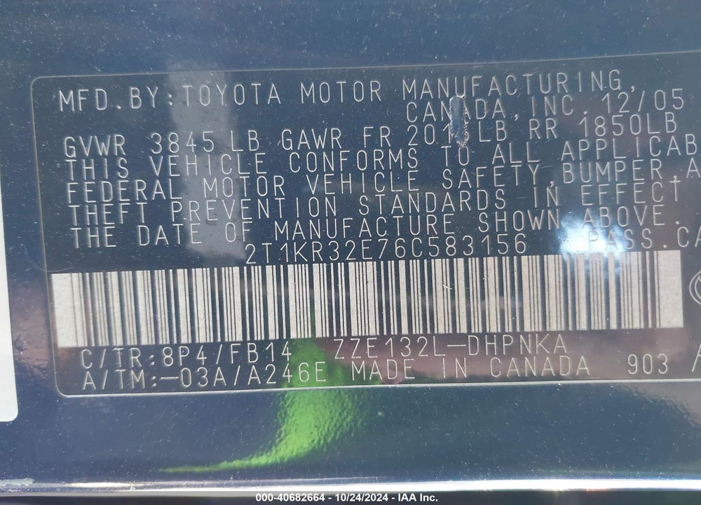 2006 TOYOTA MATRIX/XR VIN: 2T1KR32E76C583156