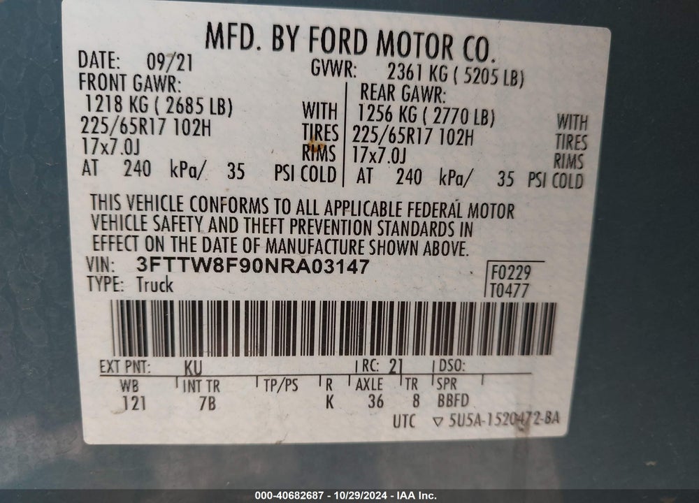 2022 FORD MAVERICK XLT VIN: 3FTTW8F90NRA03147
