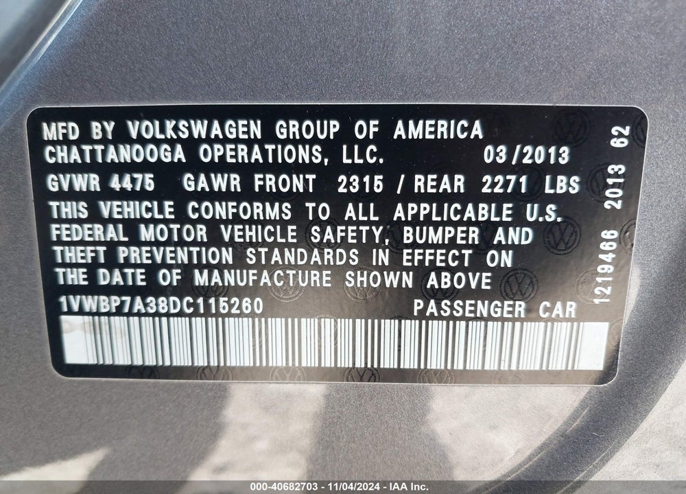 2013 VOLKSWAGEN PASSAT 2.5L SE VIN: 1VWBP7A38DC115260