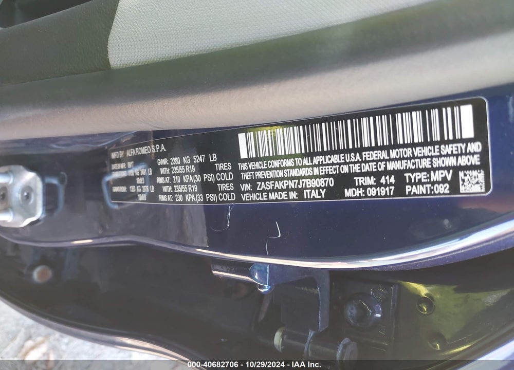 2018 ALFA ROMEO STELVIO SPORT AWD VIN: ZASFAKPN7J7B90870