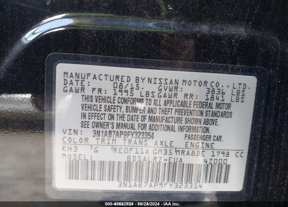 2015 NISSAN SENTRA SR VIN: 3N1AB7AP9FY323354