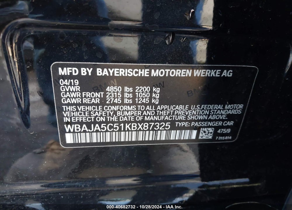 2019 BMW 530I VIN: WBAJA5C51KBX87325