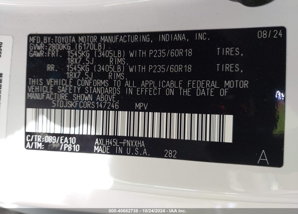 2024 TOYOTA SIENNA XLE VIN: 5TDJSKFC0RS147246