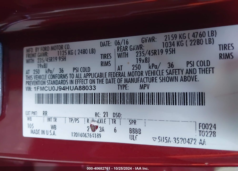 2017 FORD ESCAPE TITANIUM VIN: 1FMCU0J94HUA88033