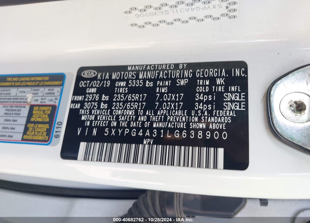 2020 KIA SORENTO 2.4L L VIN: 5XYPG4A31LG638900