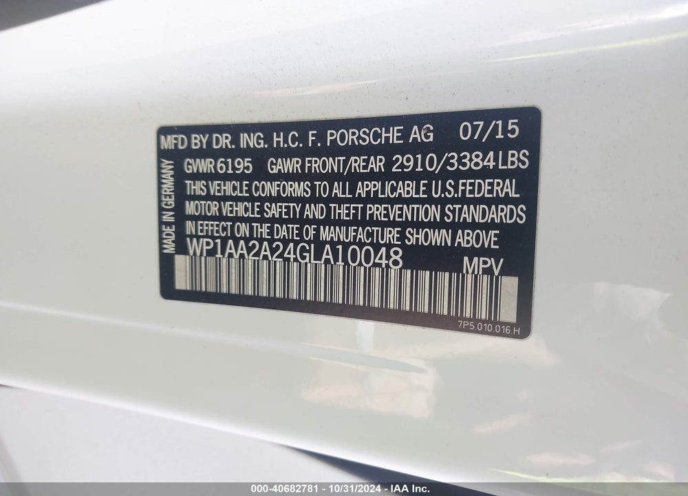 2016 PORSCHE CAYENNE VIN: WP1AA2A24GLA10048