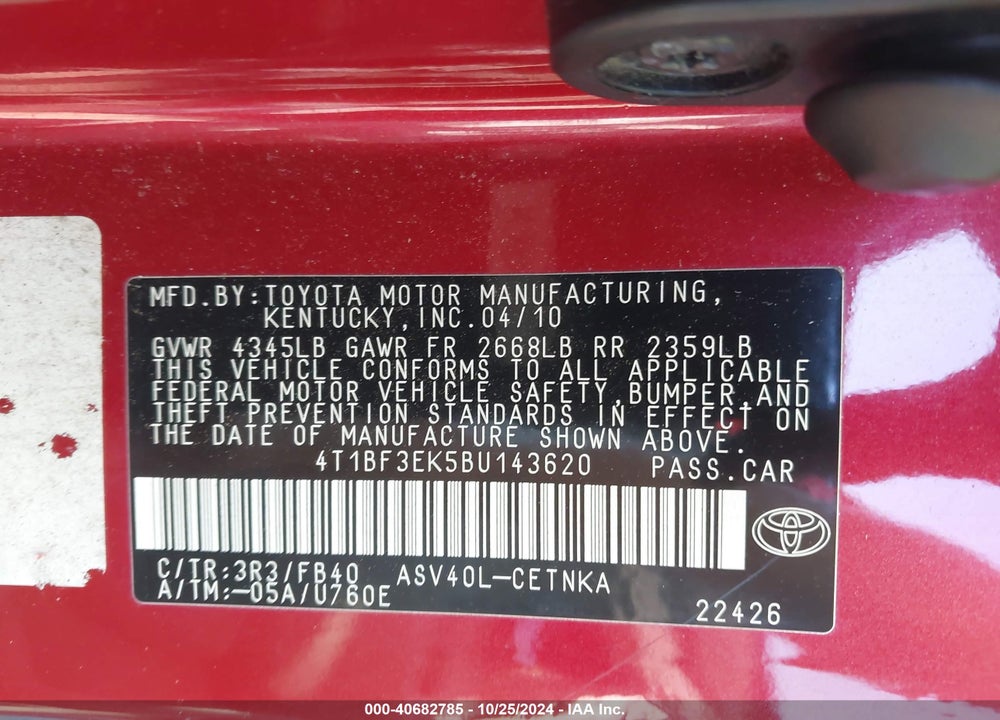 2011 TOYOTA CAMRY LE VIN: 4T1BF3EK5BU143620