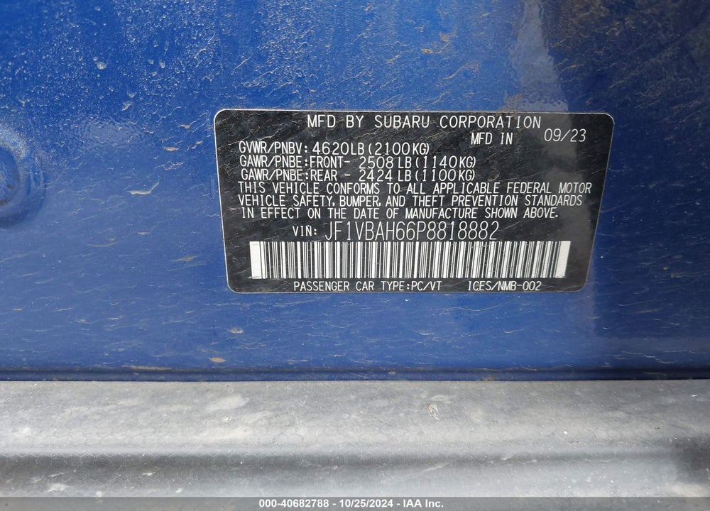 2023 SUBARU WRX VIN: JF1VBAH66P8818882