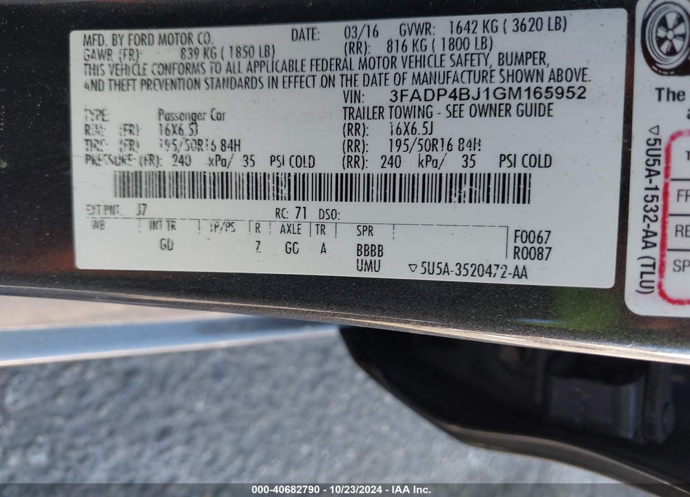 2016 FORD FIESTA SE VIN: 3FADP4BJ1GM165952