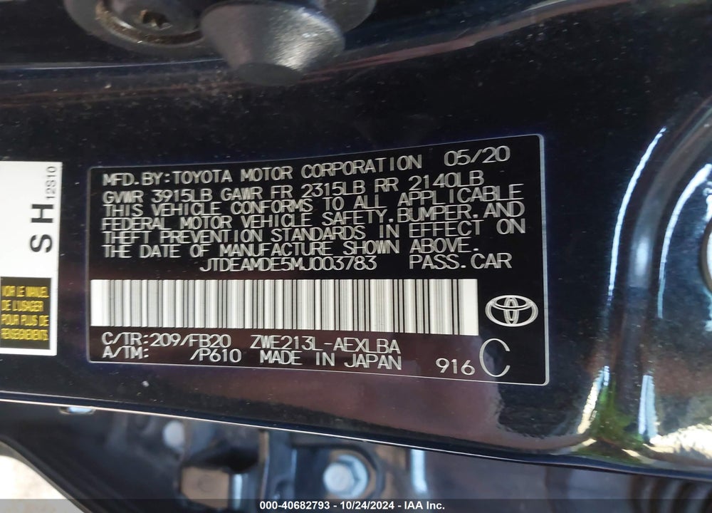 2021 TOYOTA COROLLA VIN: JTDEAMDE5MJ003783