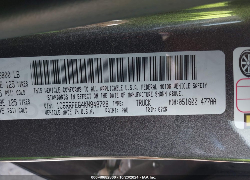 2019 RAM 1500 REBEL  4X4 6'4 BOX VIN: 1C6RRFEG4KN848708