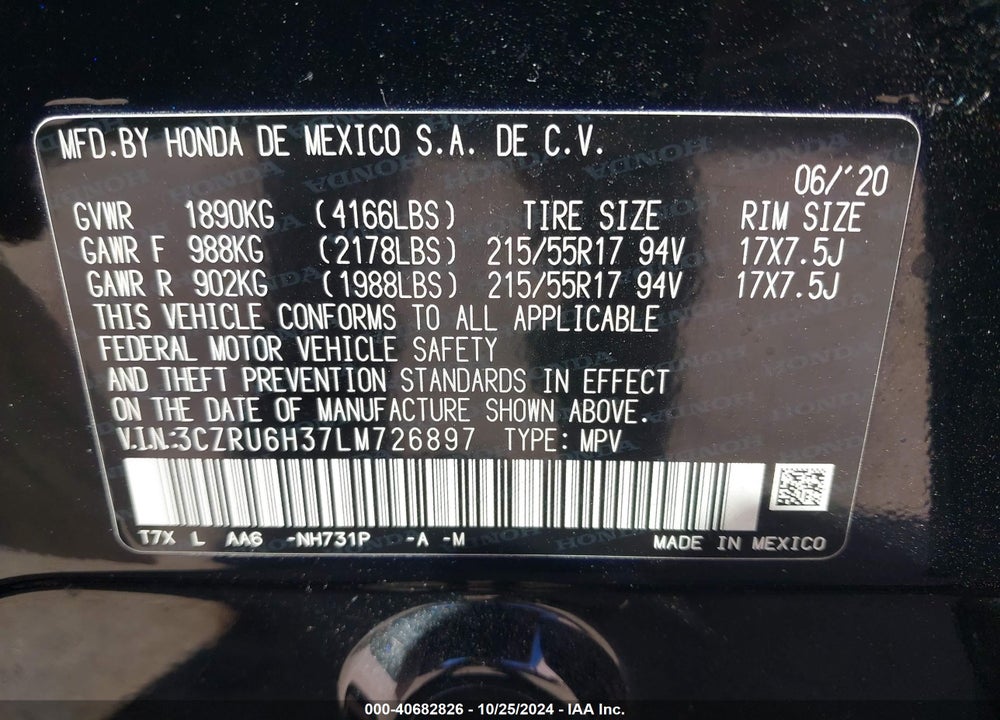 2020 HONDA HR-V AWD LX VIN: 3CZRU6H37LM726897