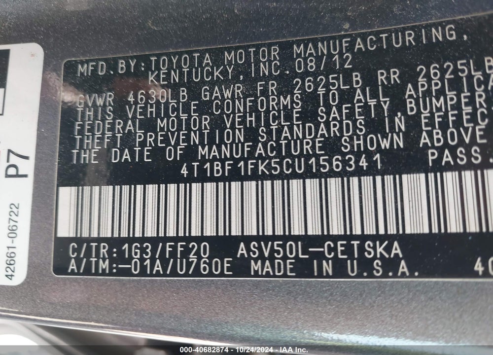2012 TOYOTA CAMRY SE VIN: 4T1BF1FK5CU156341