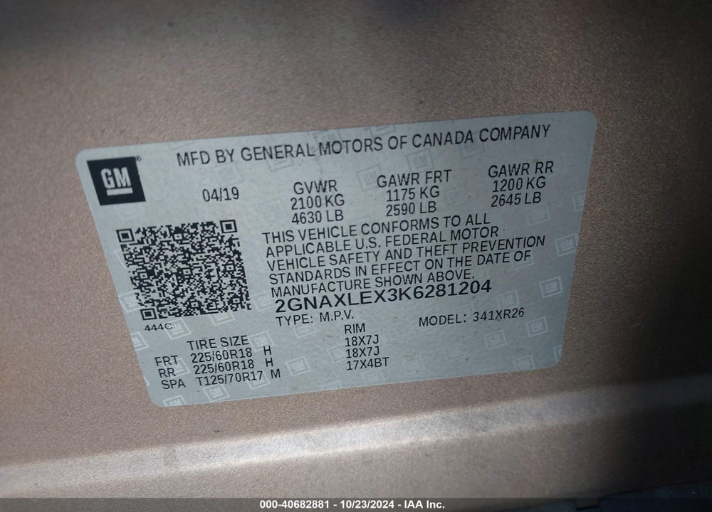 2019 CHEVROLET EQUINOX LT VIN: 2GNAXLEX3K6281204