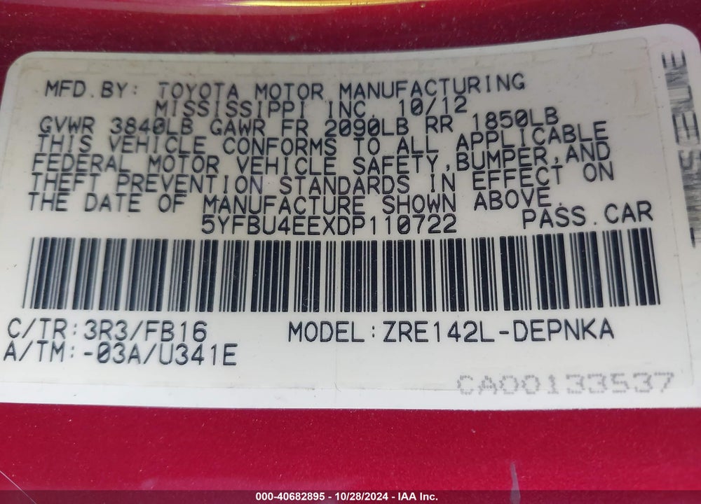 2013 TOYOTA COROLLA LE VIN: 5YFBU4EEXDP110722