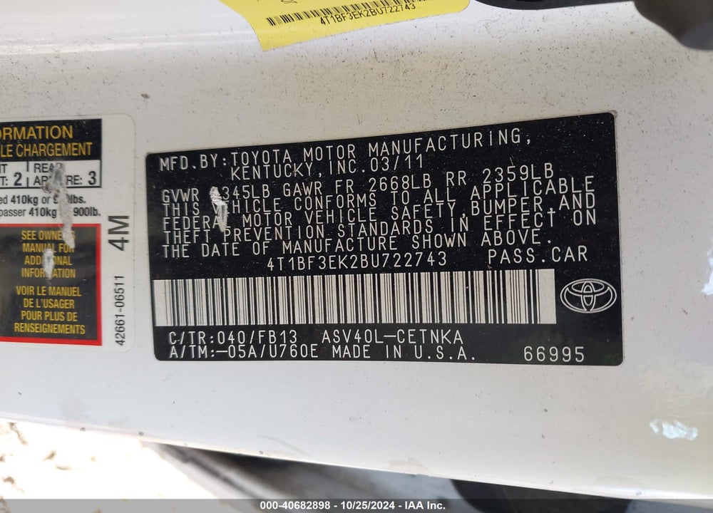 2011 TOYOTA CAMRY LE VIN: 4T1BF3EK2BU722743