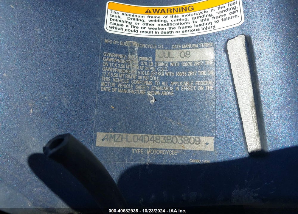 2008 BUELL 1125 R VIN: 4MZHL04D483B03809