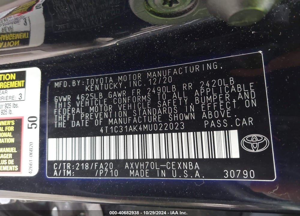 2021 TOYOTA CAMRY LE HYBRID VIN: 4T1C31AK4MU022023