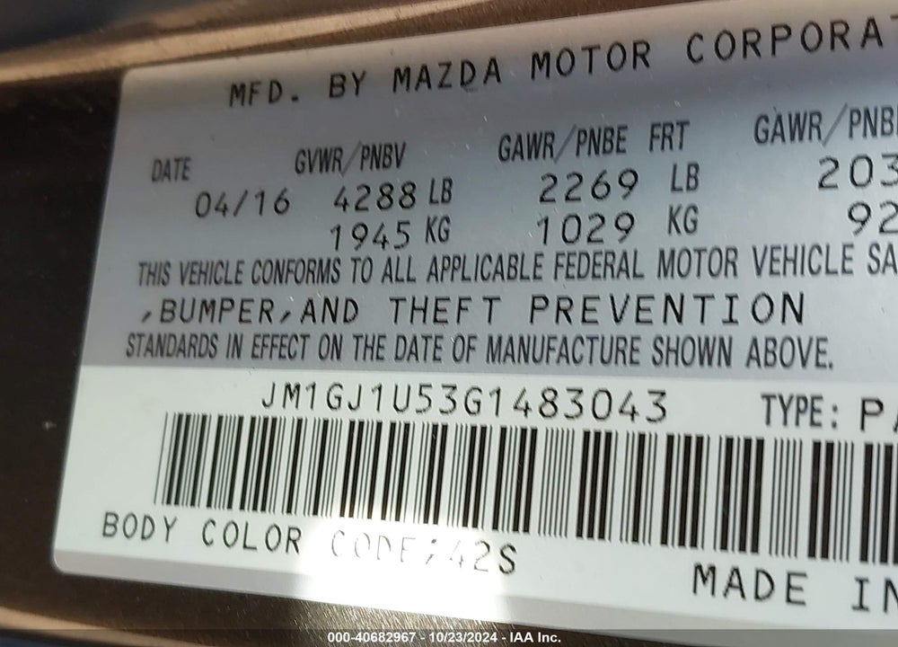 2016 MAZDA 6 I SPORT VIN: JM1GJ1U53G1483043