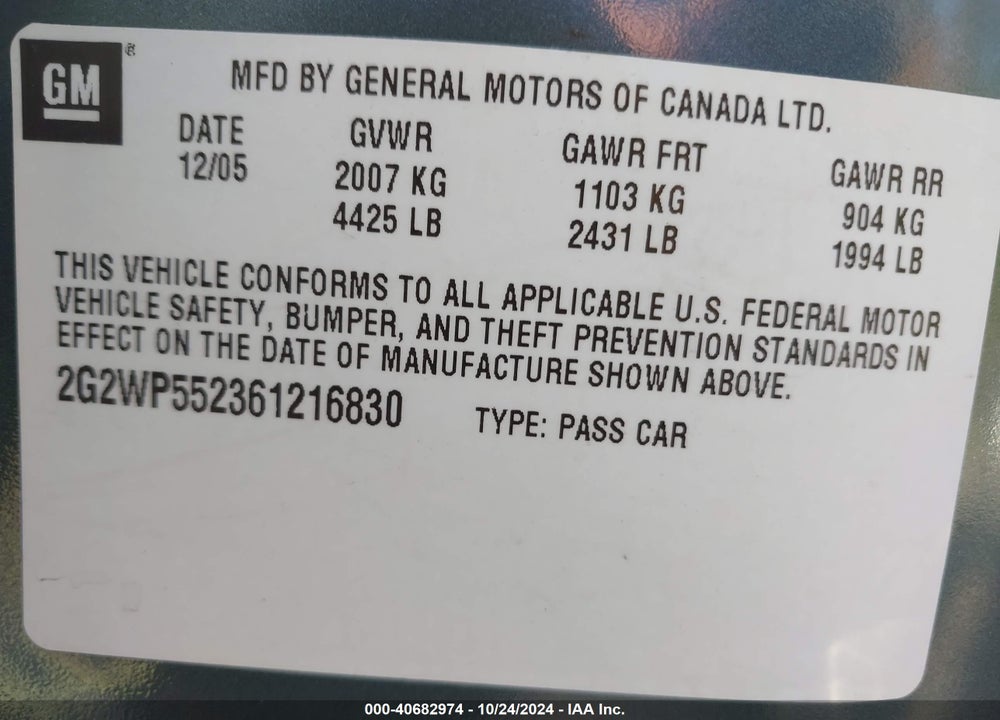 2006 PONTIAC GRAND PRIX VIN: 2G2WP552361216830