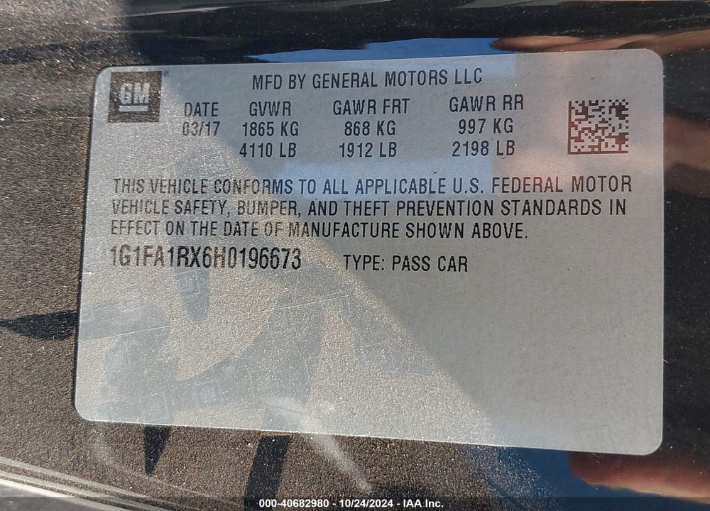 2017 CHEVROLET CAMARO 1LS VIN: 1G1FA1RX6H0196673