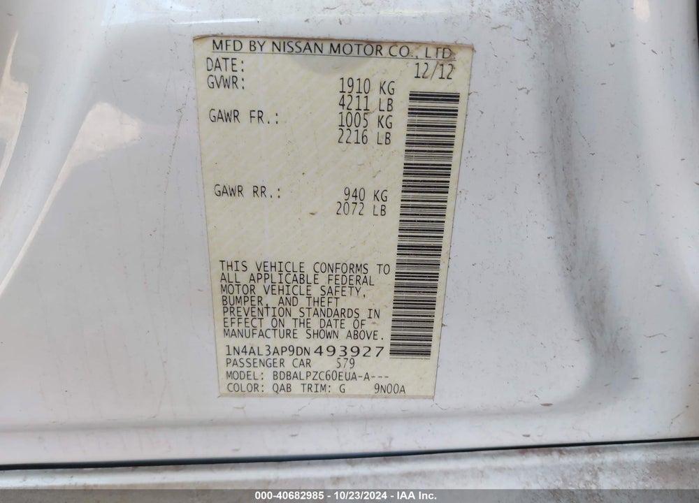 2013 NISSAN ALTIMA VIN: 1N4AL3AP9DN493927