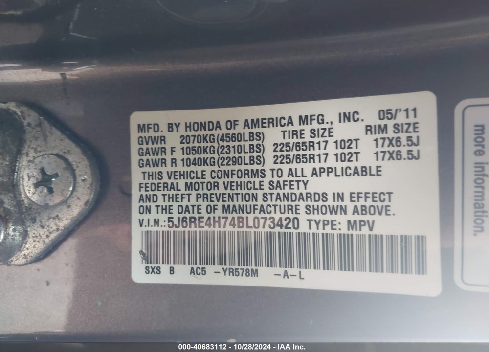 2011 HONDA CR-V EX-L VIN: 5J6RE4H74BL073420