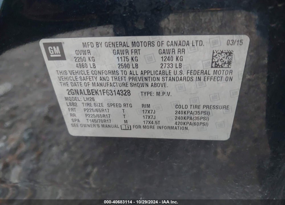 2015 CHEVROLET EQUINOX 1LT VIN: 2GNALBEK1F6314328