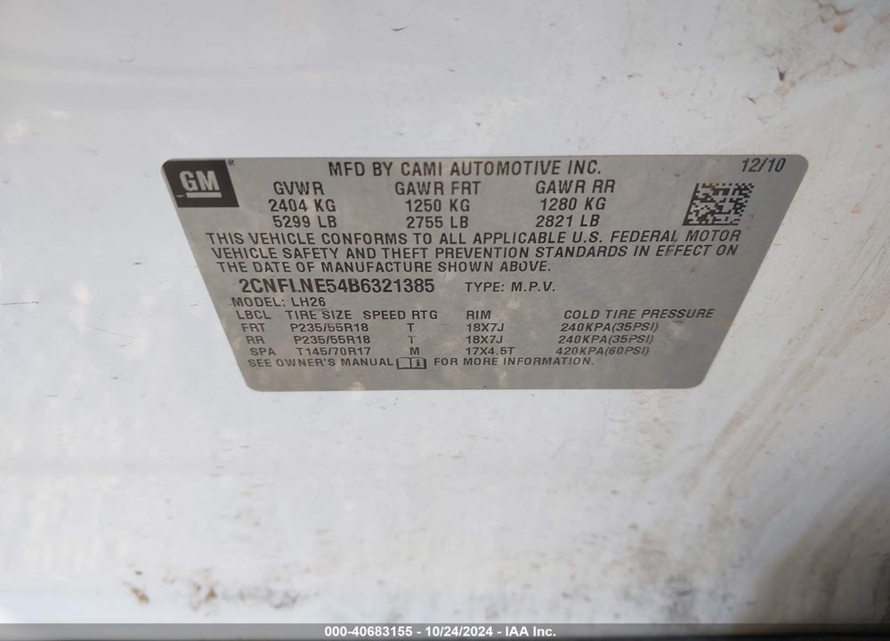 2011 CHEVROLET EQUINOX 2LT VIN: 2CNFLNE54B6321385