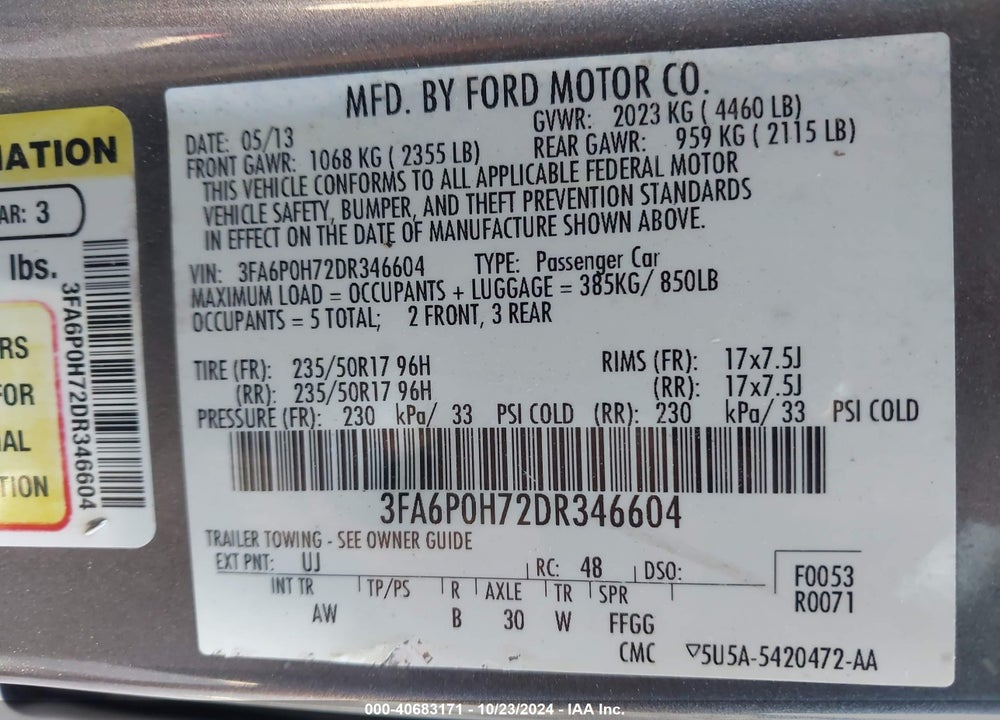 2013 FORD FUSION SE VIN: 3FA6P0H72DR346604