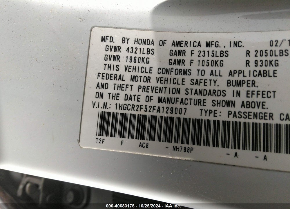 2015 HONDA ACCORD SPORT VIN: 1HGCR2F52FA129007