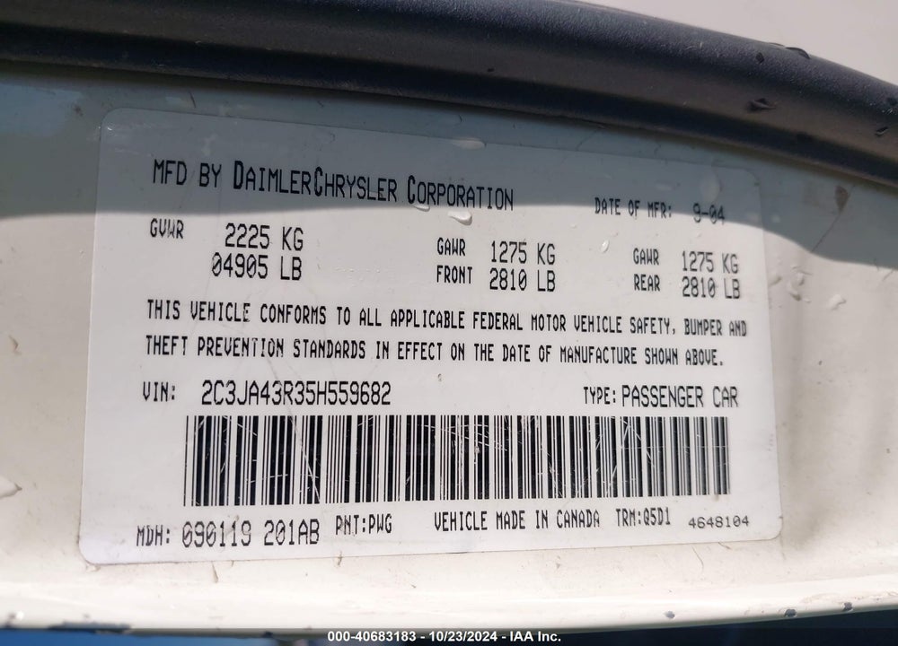 2005 CHRYSLER 300 VIN: 2C3JA43R35H559682