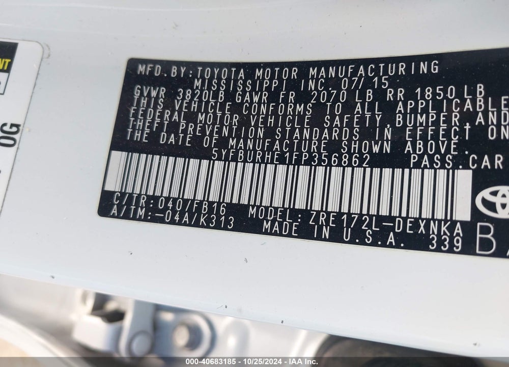 2015 TOYOTA COROLLA LE VIN: 5YFBURHE1FP356862
