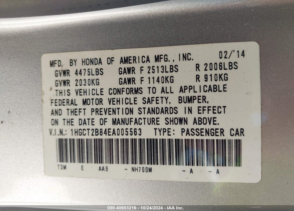 2014 HONDA ACCORD EX-L V-6 VIN: 1HGCT2B84EA005563