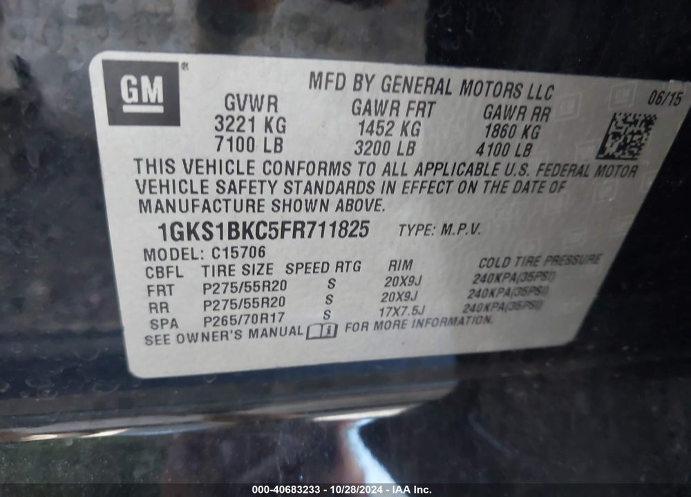 2015 GMC YUKON SLT VIN: 1GKS1BKC5FR711825