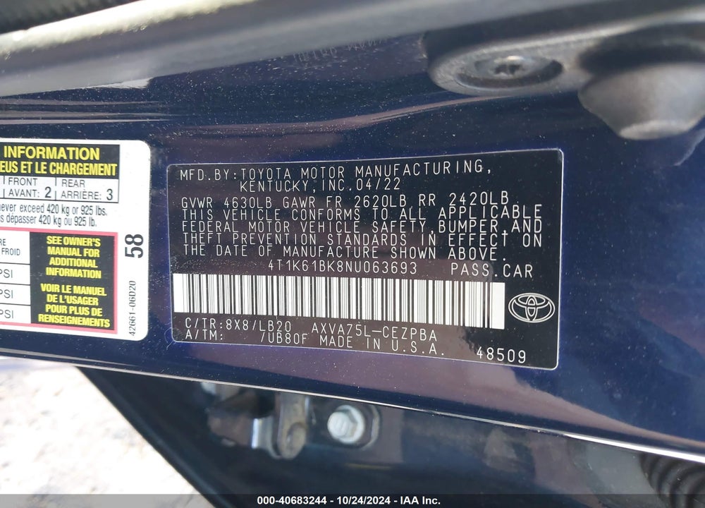2022 TOYOTA CAMRY XSE AWD VIN: 4T1K61BK8NU063693
