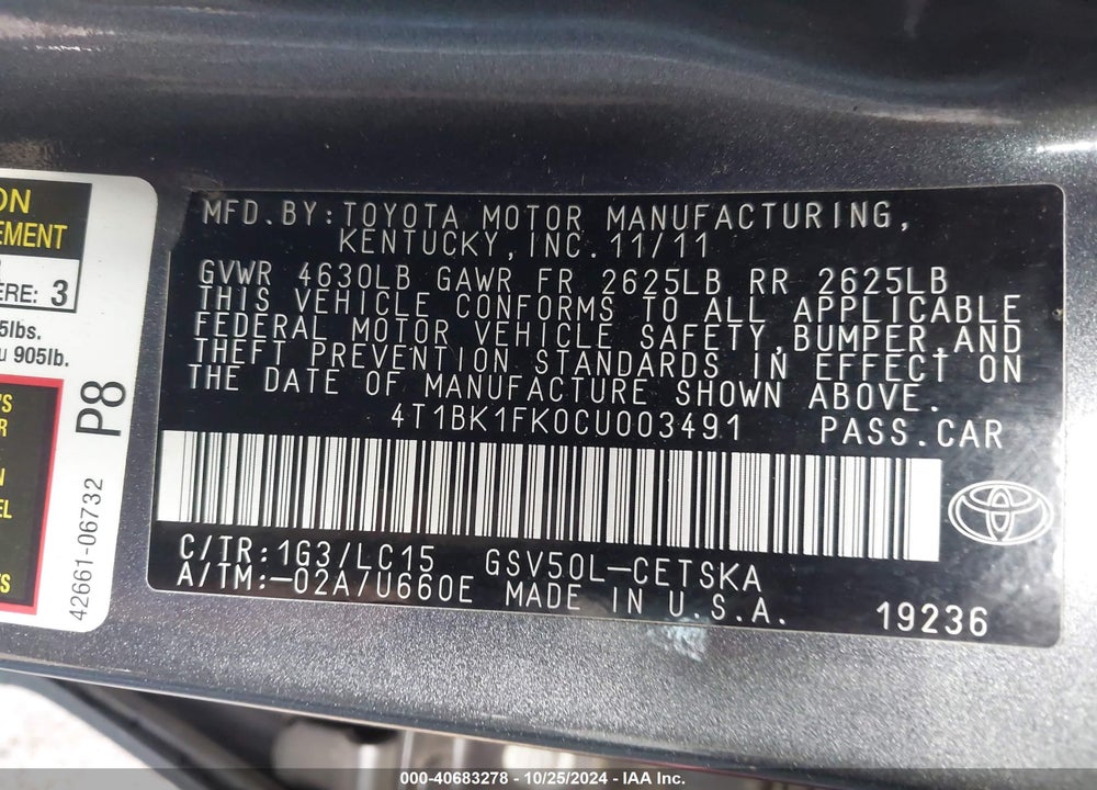 2012 TOYOTA CAMRY SE V6 VIN: 4T1BK1FK0CU003491