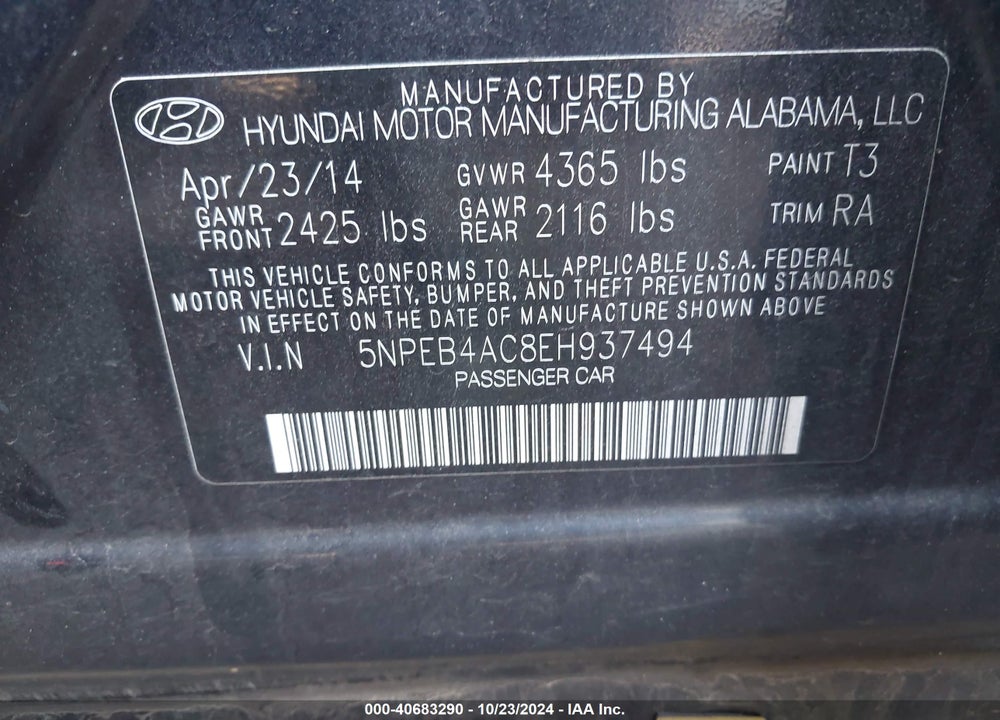 2014 HYUNDAI SONATA GLS VIN: 5NPEB4AC8EH937494