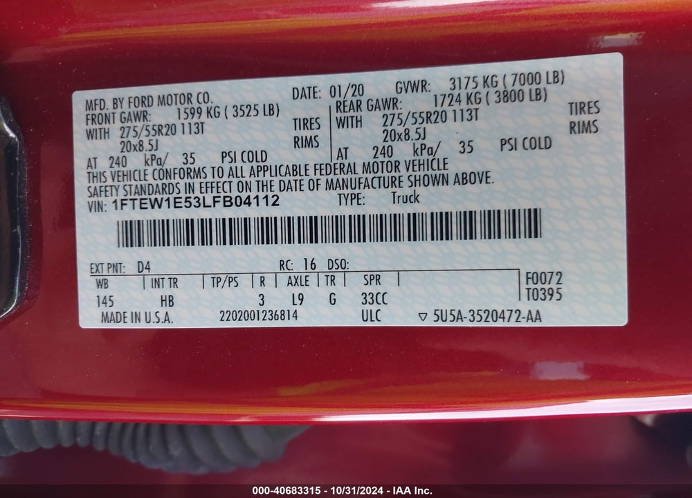 2020 FORD F-150 VIN: 1FTEW1E53LFB04112