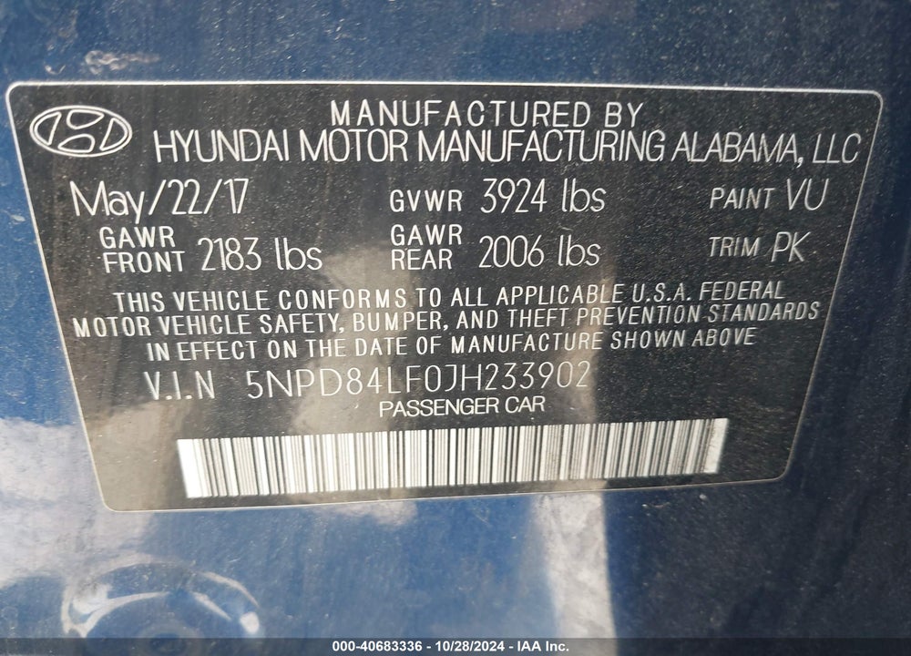 2018 HYUNDAI ELANTRA SEL VIN: 5NPD84LF0JH233902